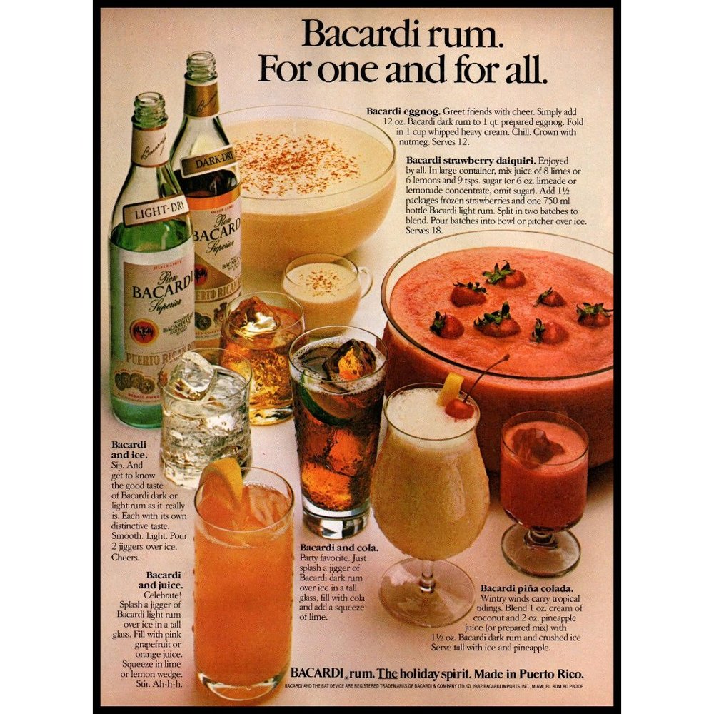 1982 Bacardi Rum Holiday Recipes Vintage Print Ad Christmas Eggnog Wall Art